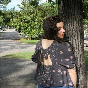 Free People Pink and Blue Backless Tie Front Blouse